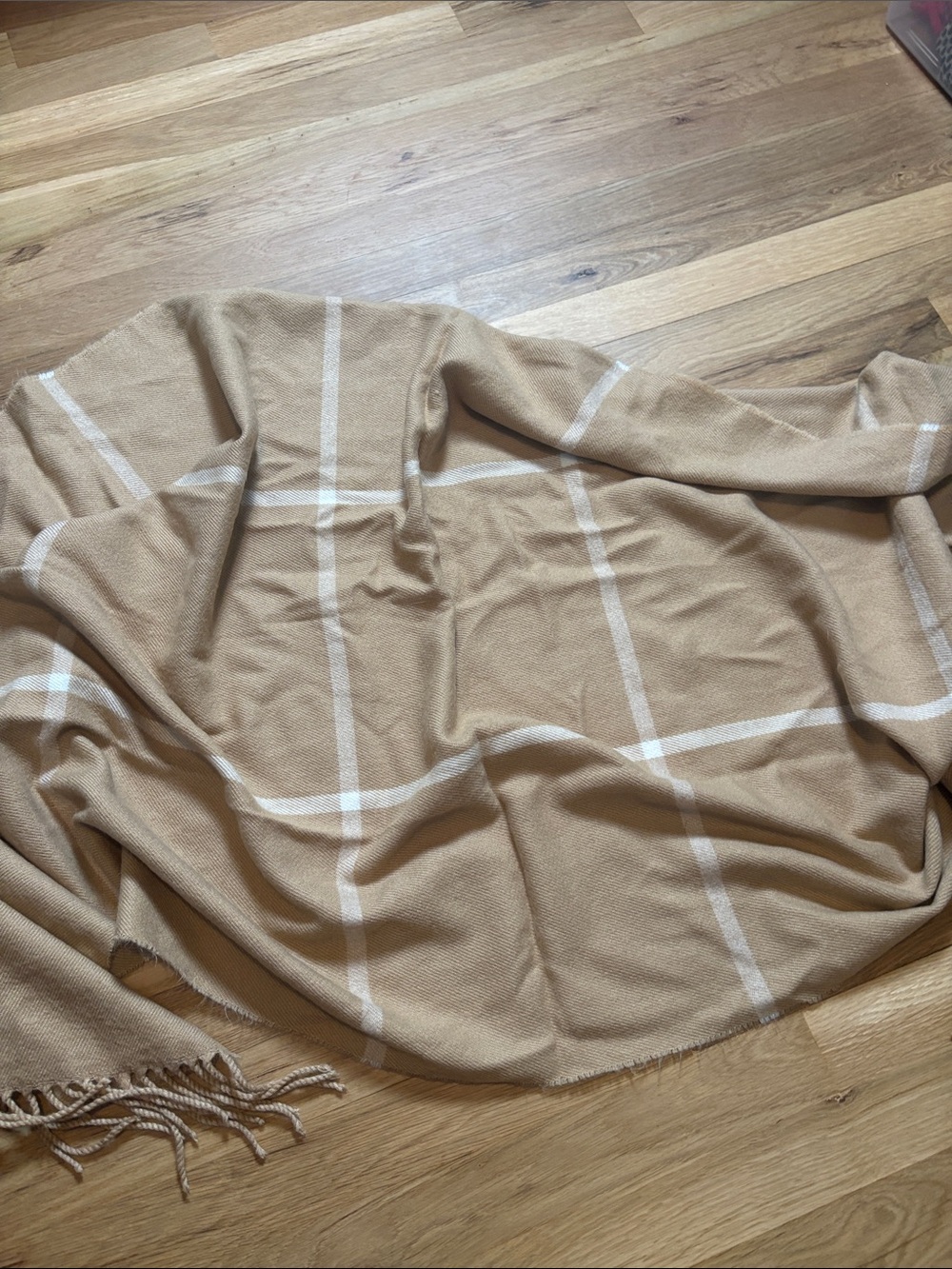Beige Plaid Fringe Draped Open Cardigan Cape Poncho with Armholes OS - Picture 6 of 7